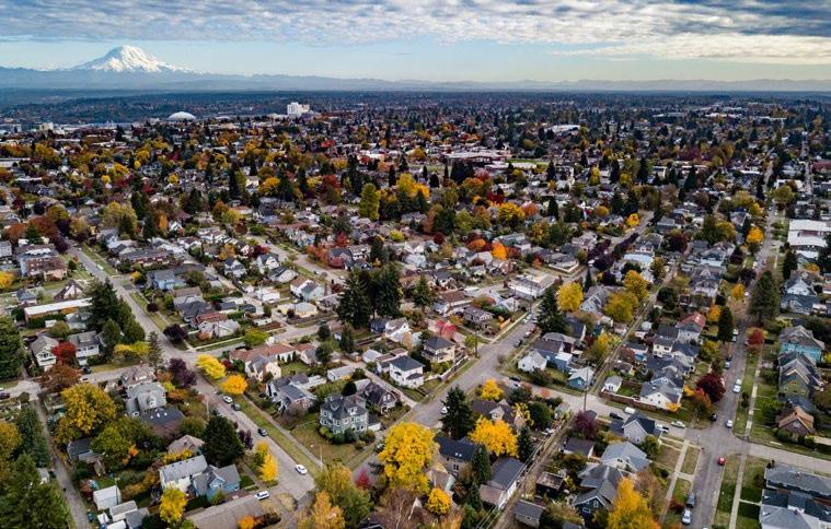 Aerial view of Pierce County neighbourhoods with Mount Rainier behind
