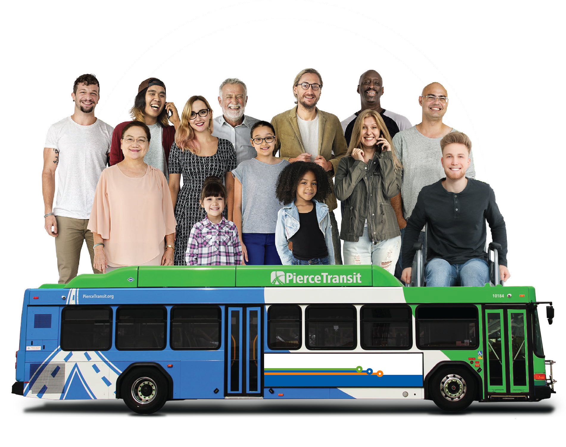 14 community members standing on top of a Pierce Transit bus