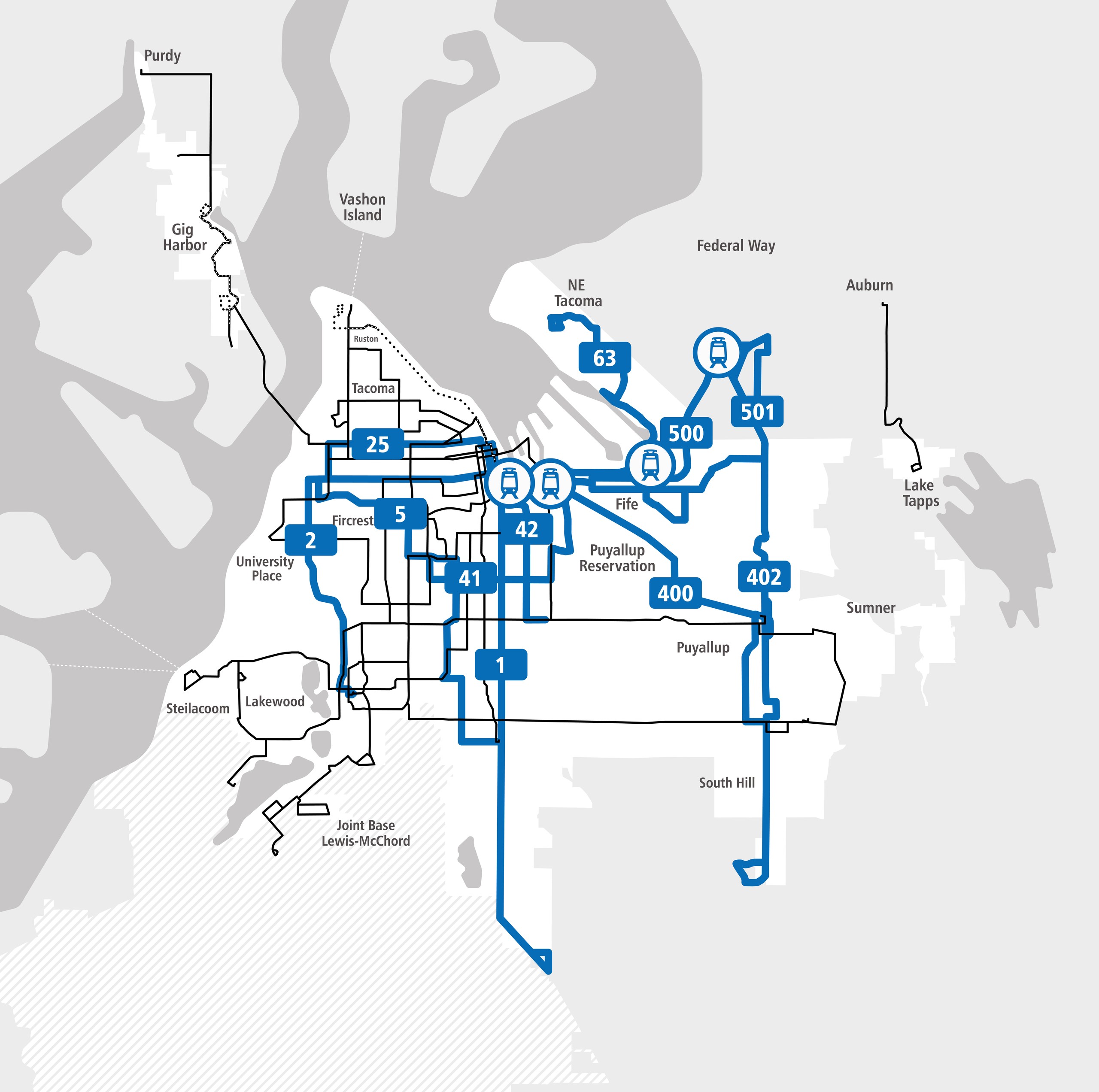 Map of Pierce Transit routes with the 11 routes that would connect better to light rail and each other (1, 2, 5, 25, 41, 42, 63, 400, 402, 500 and 501) highlighted in blue