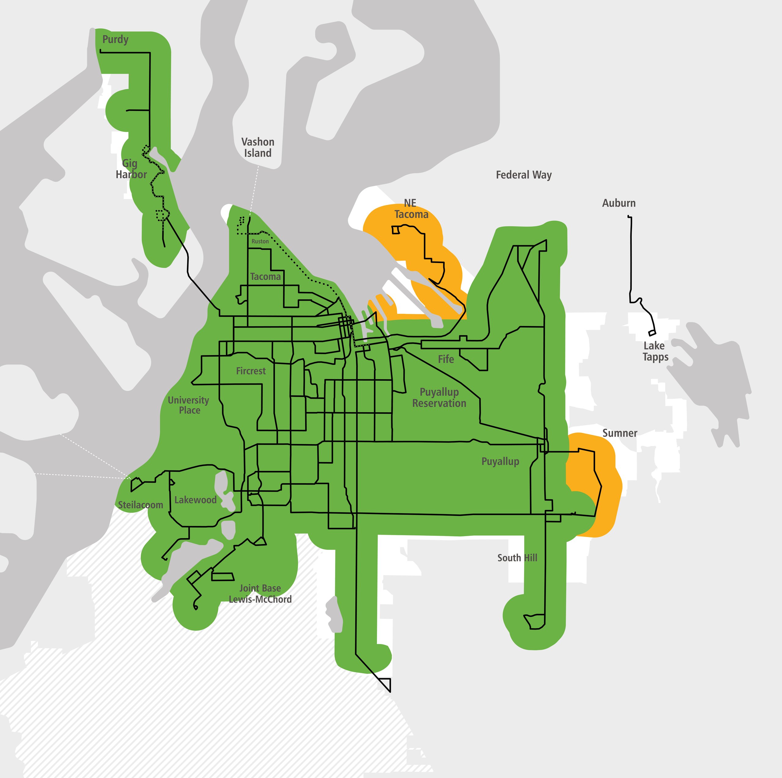 Map of Pierce County showing SHUTTLE paratransit coverage within ¾ mile of bus routes in green, with added coverage in NE Tacoma and Sumner in orange