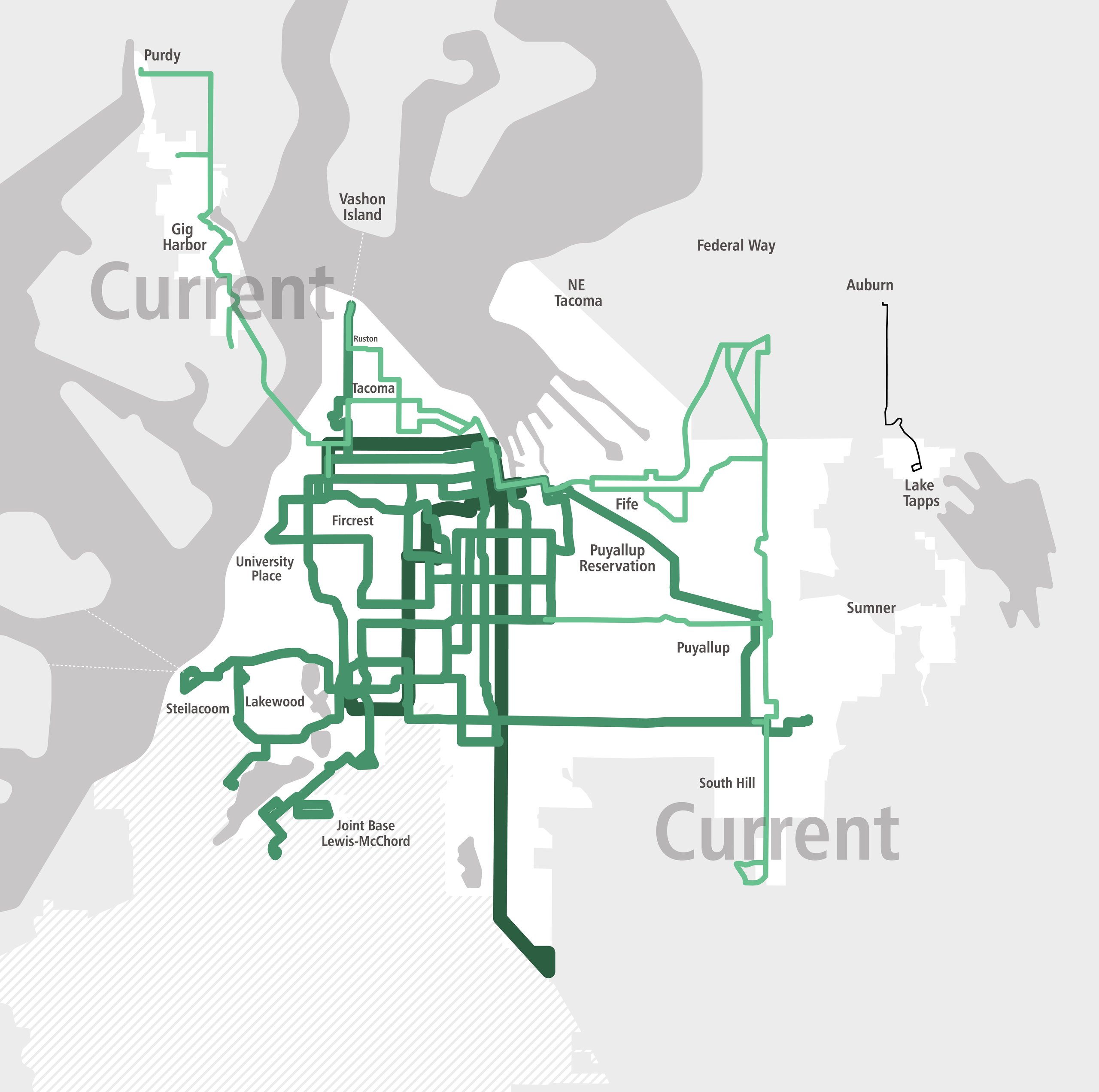Map of current weekday Pierce Transit bus routes, colored by how often the bus arrives