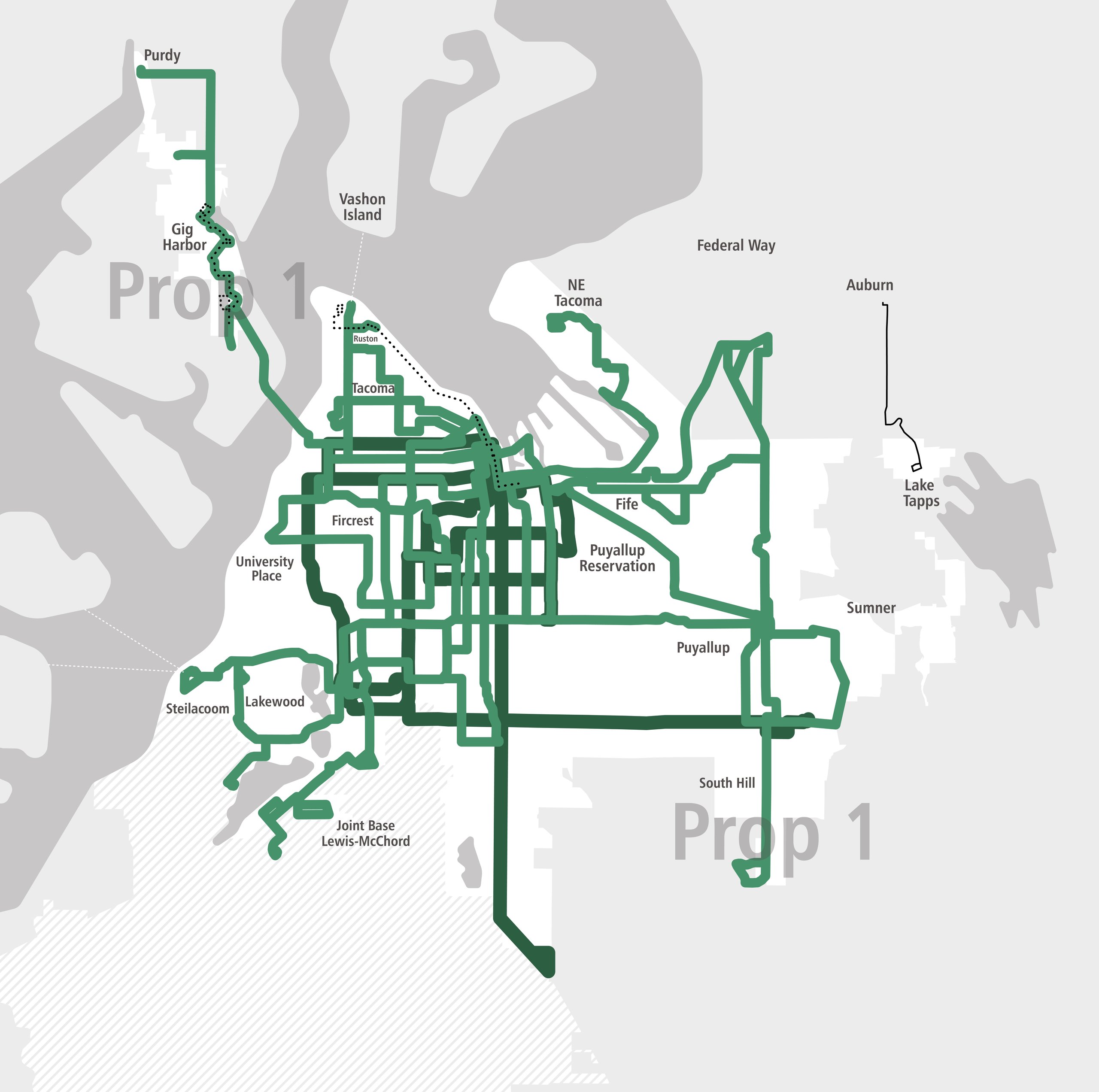 Map of weekday Pierce Transit bus routes with Prop 1, colored by how often the bus arrives