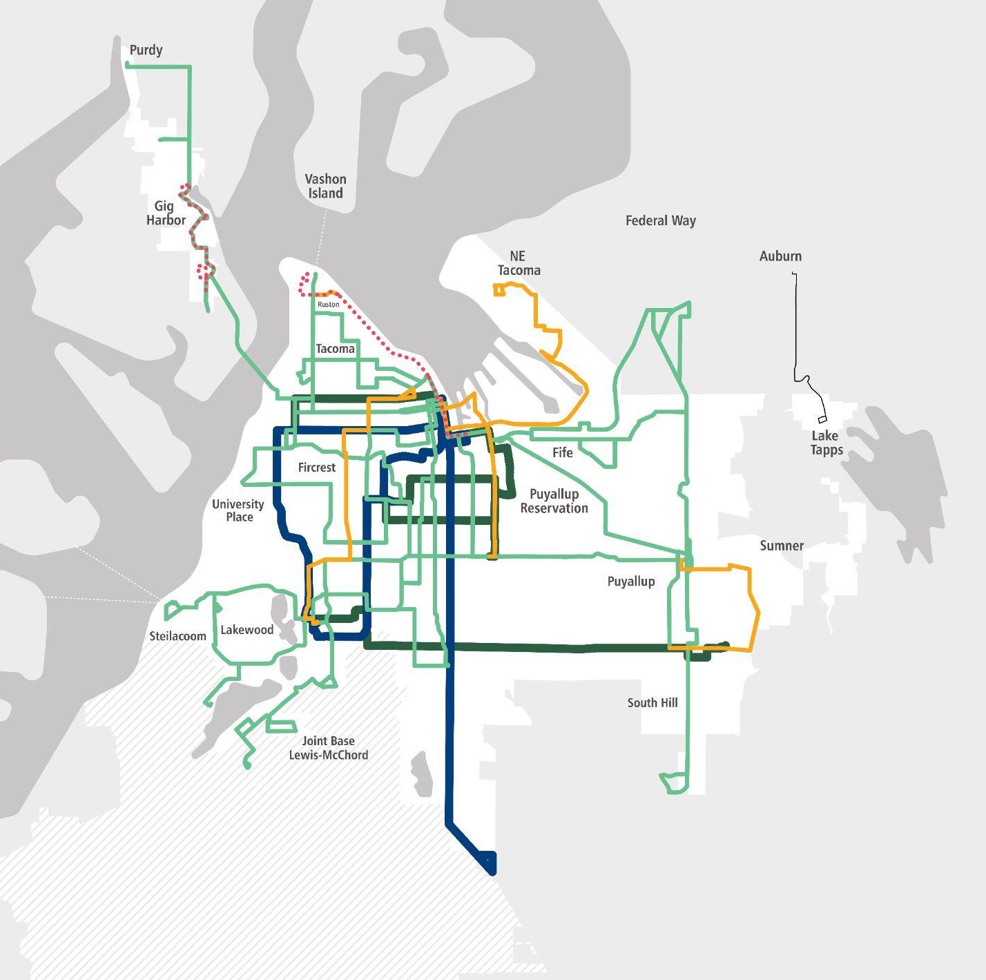 Map of the proposed Pierce Transit network: Stream rapid routes, proposed new routes, seasonal connectors and all other routes, drawn by weekday frequency