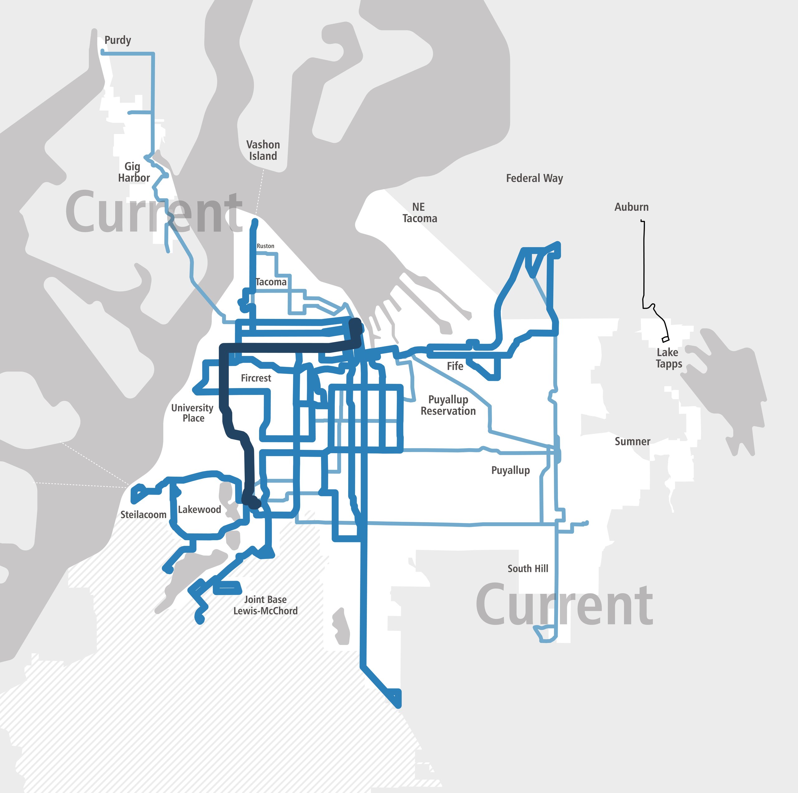 Map of current weekday Pierce Transit bus routes, colored by how late the bus runs
