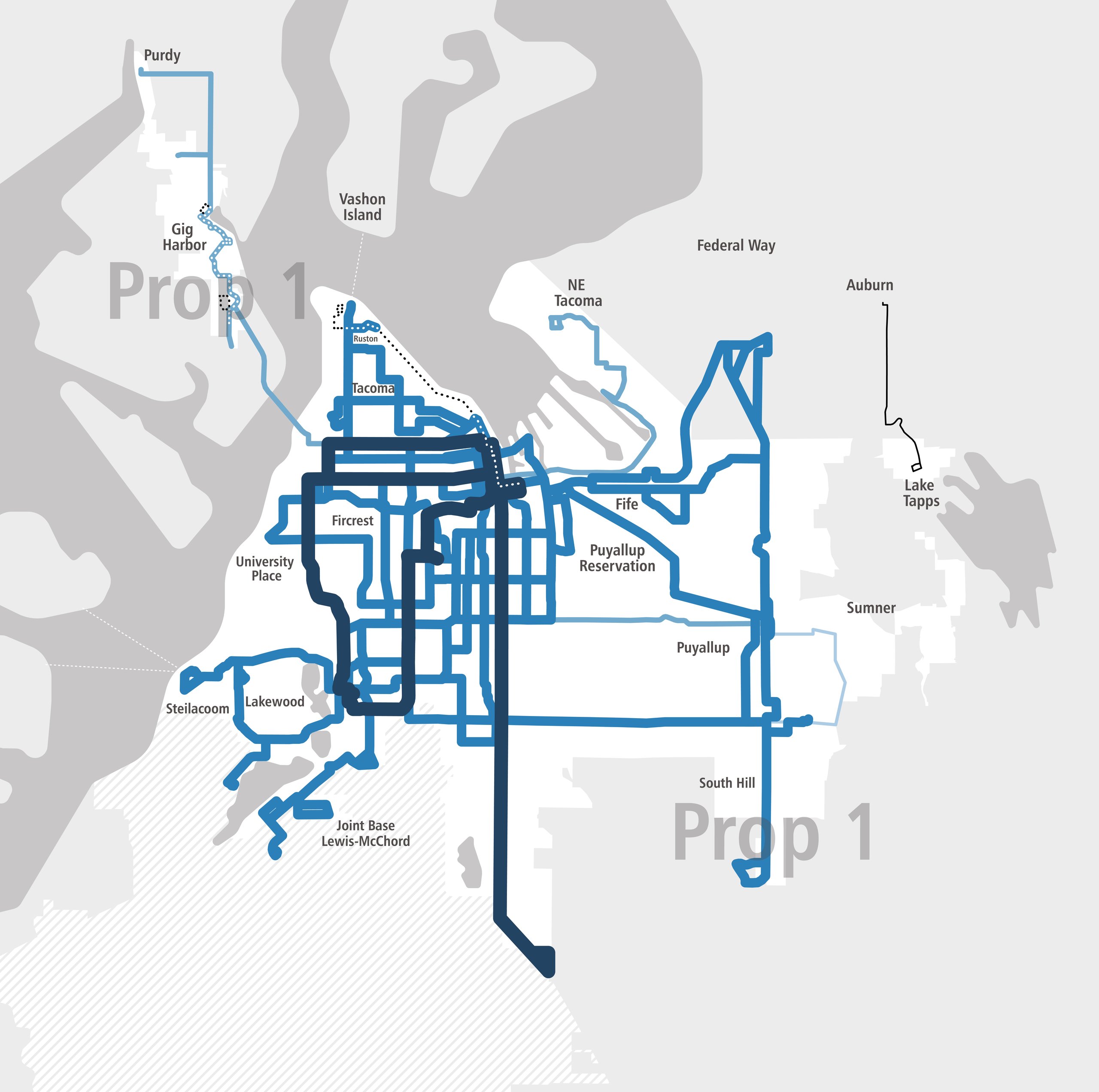 Map of weekday Pierce Transit bus routes with Prop 1, colored by how late the bus runs