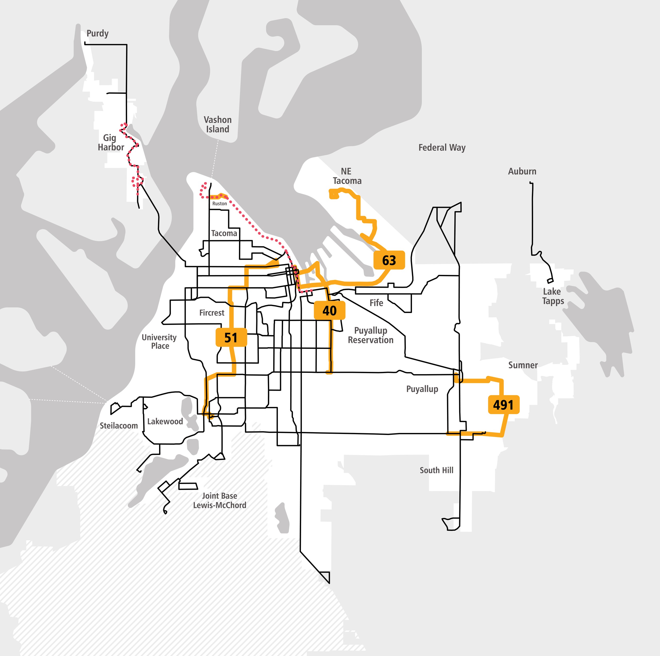 Map of Pierce Transit routes with the four proposed new routes (40, 51, 63 and 491) highlighted in orange